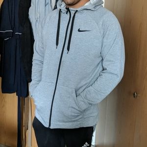 L Nike gray dri-fit zip up hoodie with logo